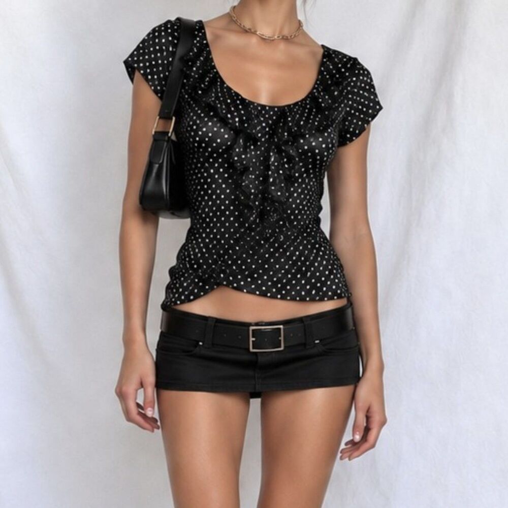 Vintage Y2K Black Satin Polka Dot Scoop Neck Short Sleeve Blouse Top Size S/M